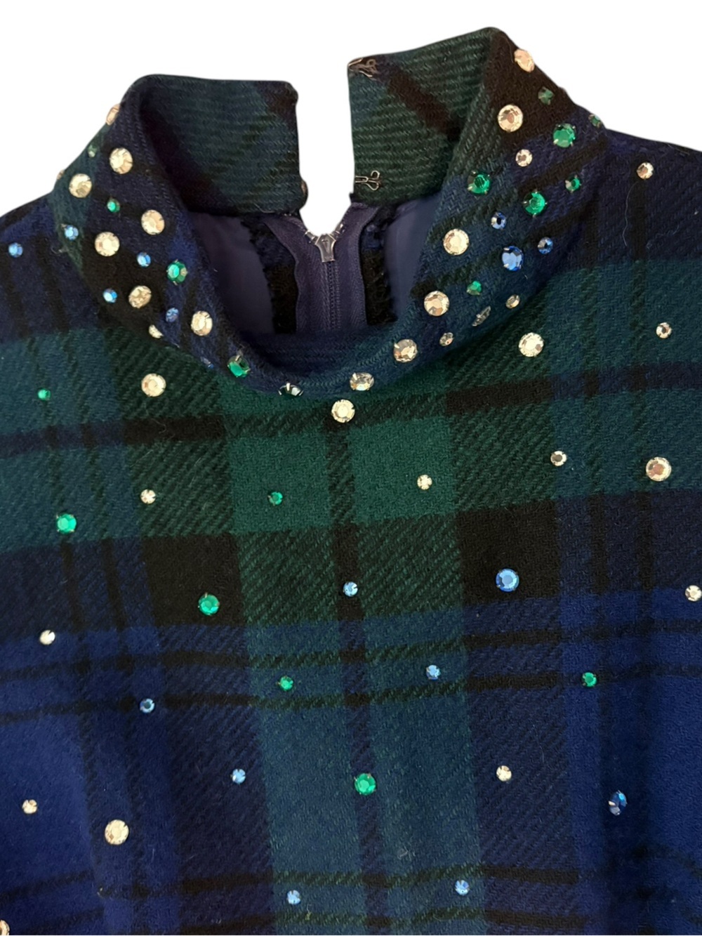 Vintage 1960s Wool Plaid Rhinestone Flare Mini Dress Tartan Pockets Neusteters - Picture 3 of 9